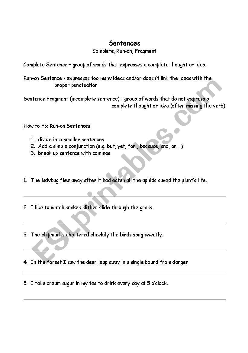 Sentences worksheet