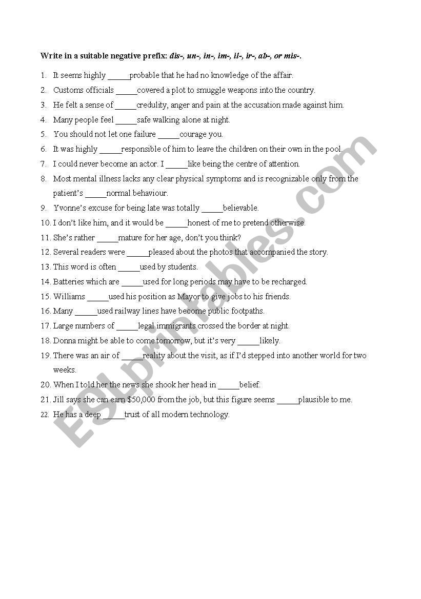 Words with negative prefixes worksheet