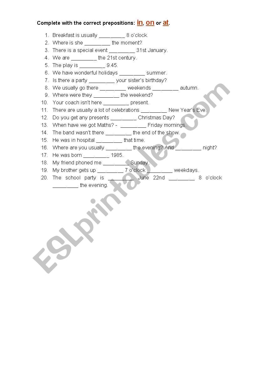 PREPOSITIONS OF TIME worksheet