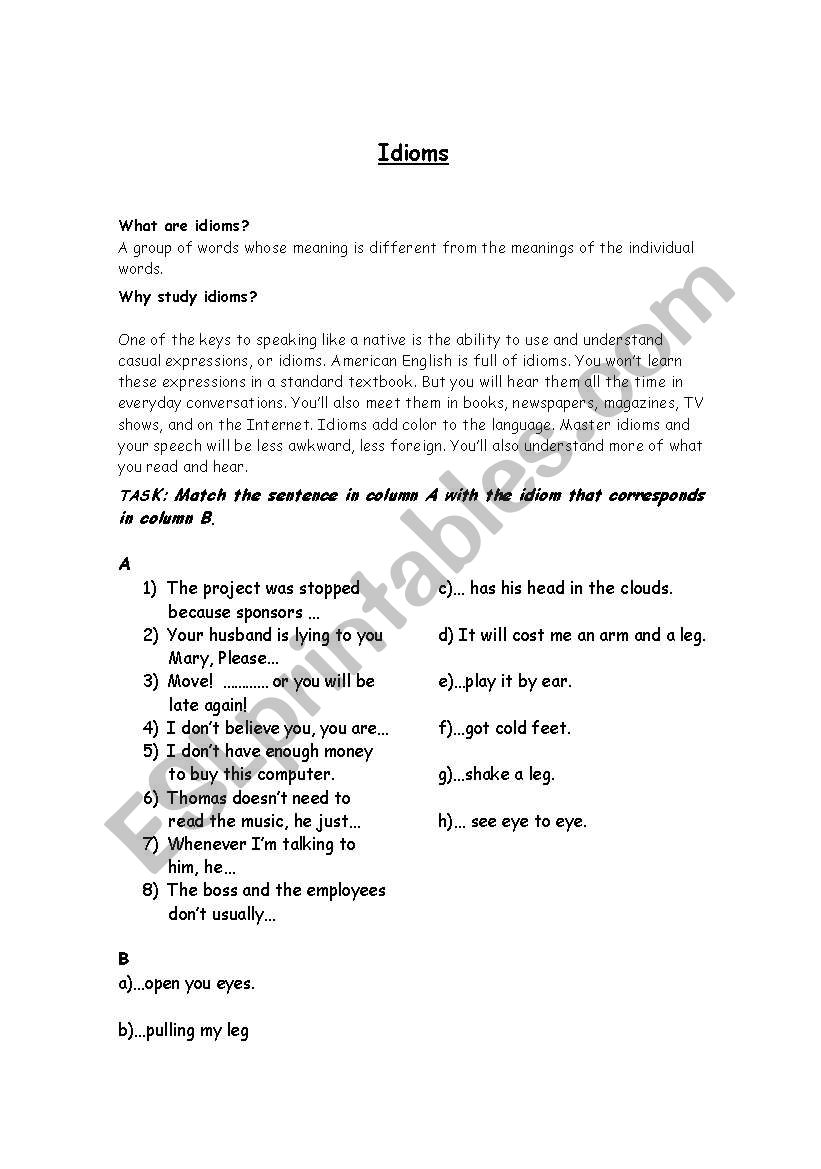 body idioms worksheet