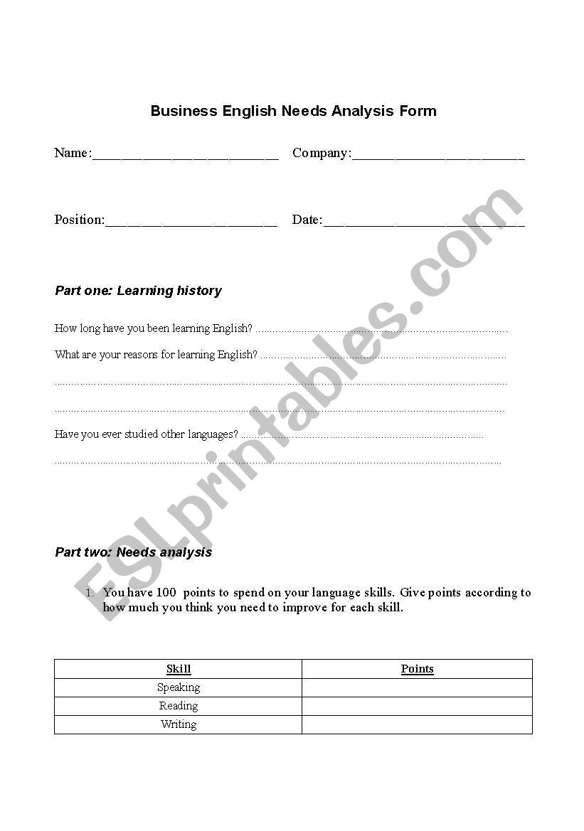 Business English Needs Analysis Form