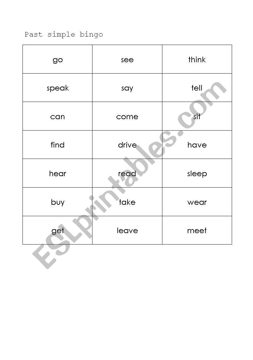 Past Simple (irregular) bingo worksheet