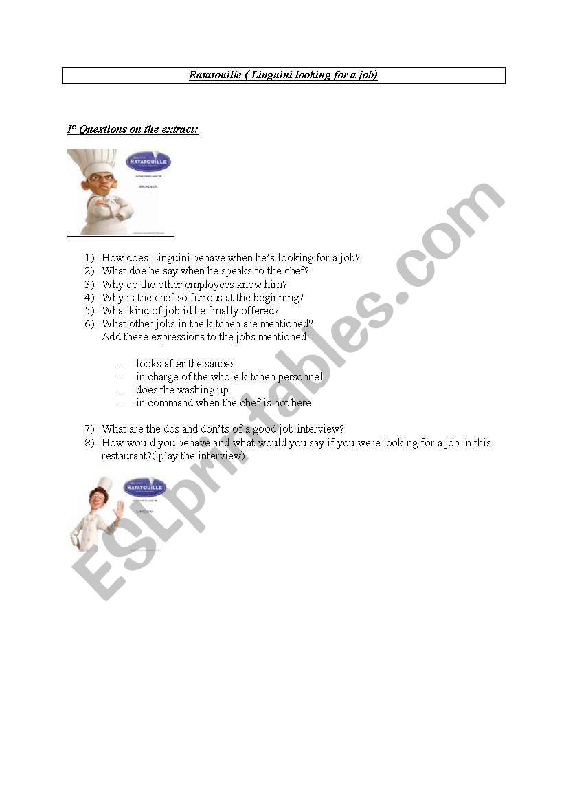 Ratatouille job interview worksheet