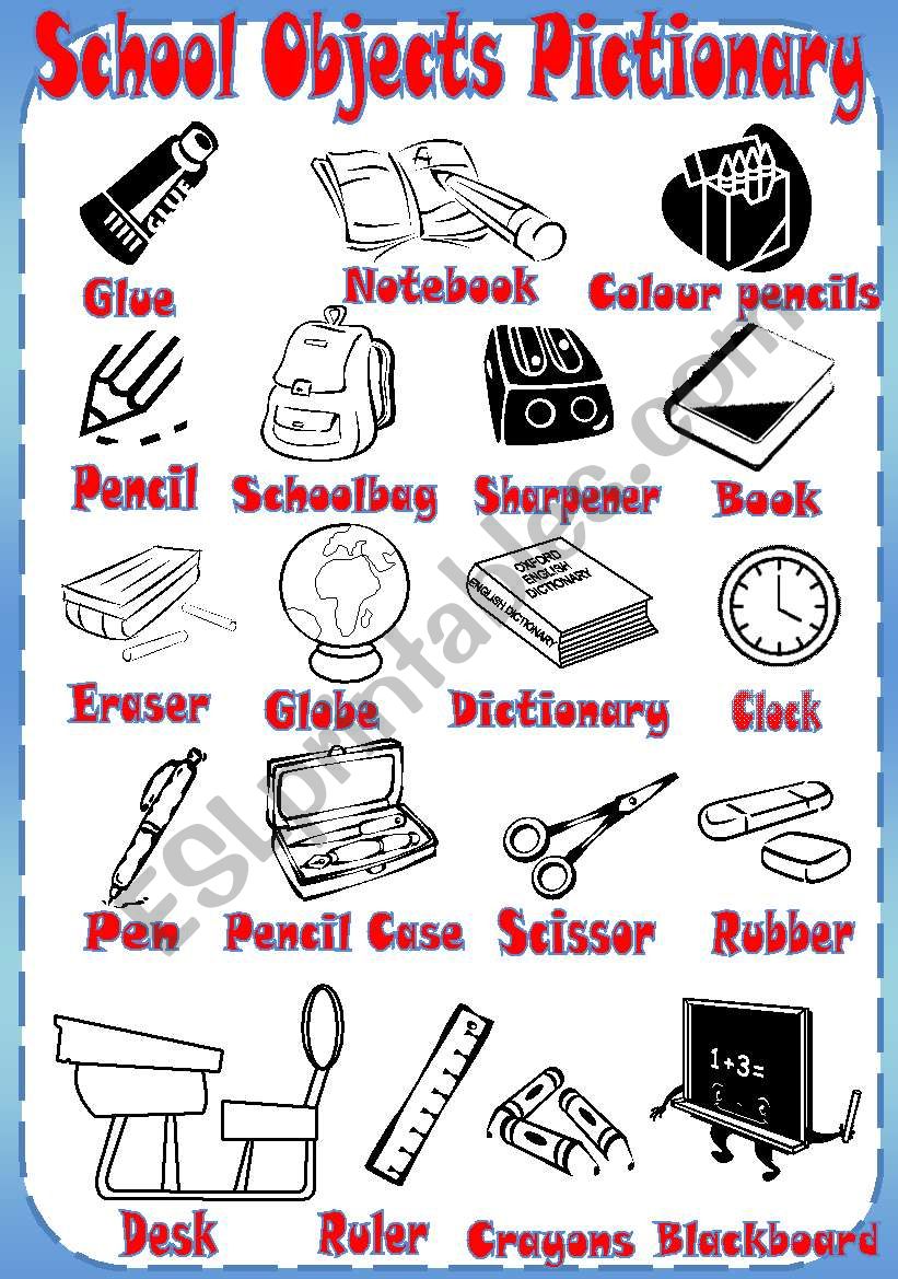 School objects Pictionary worksheet