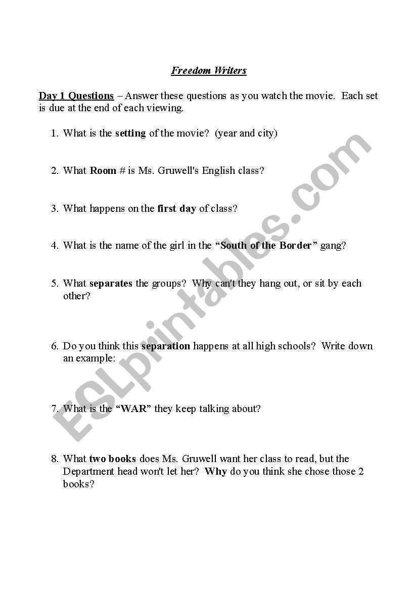 Freedom Writers During The Movie Q S Esl Worksheet By Dangelb