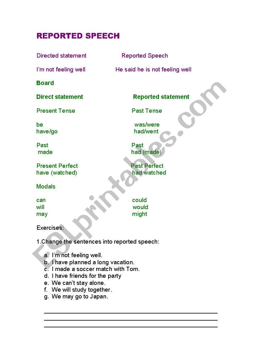 Reported speech worksheet