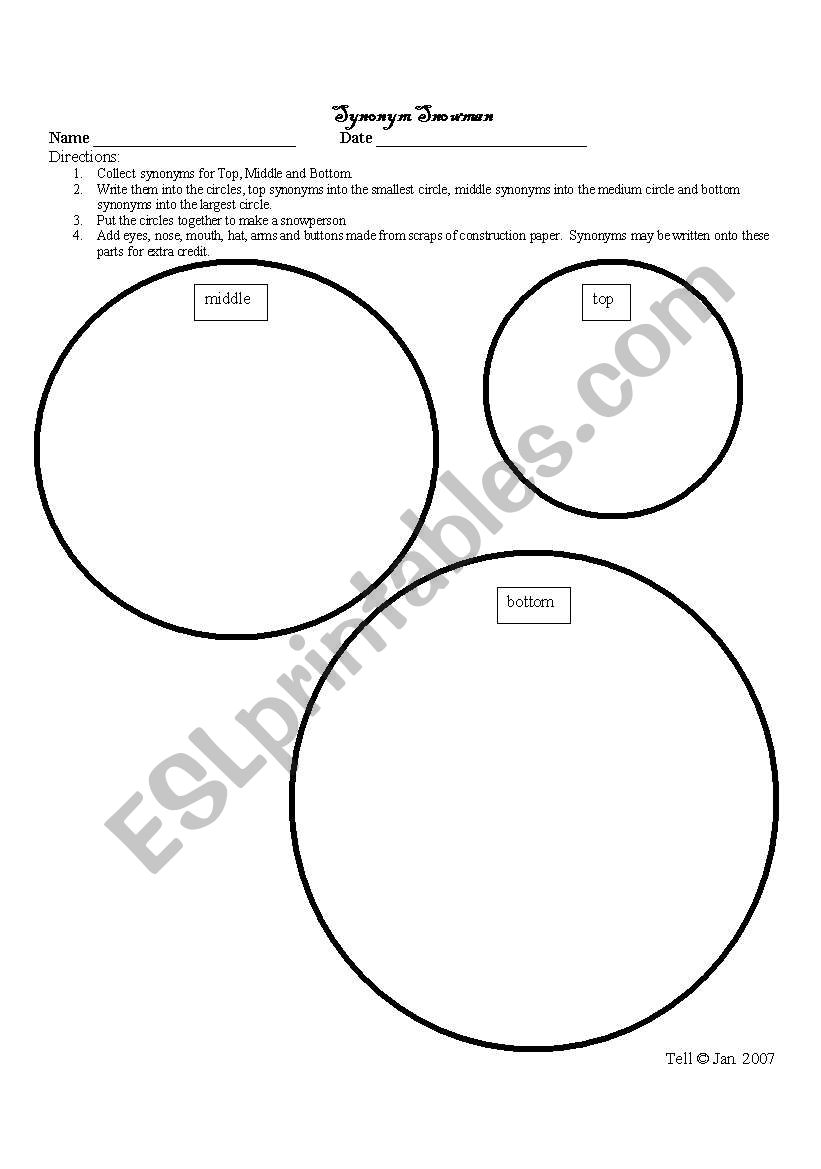 Synonym Snowman student paper worksheet
