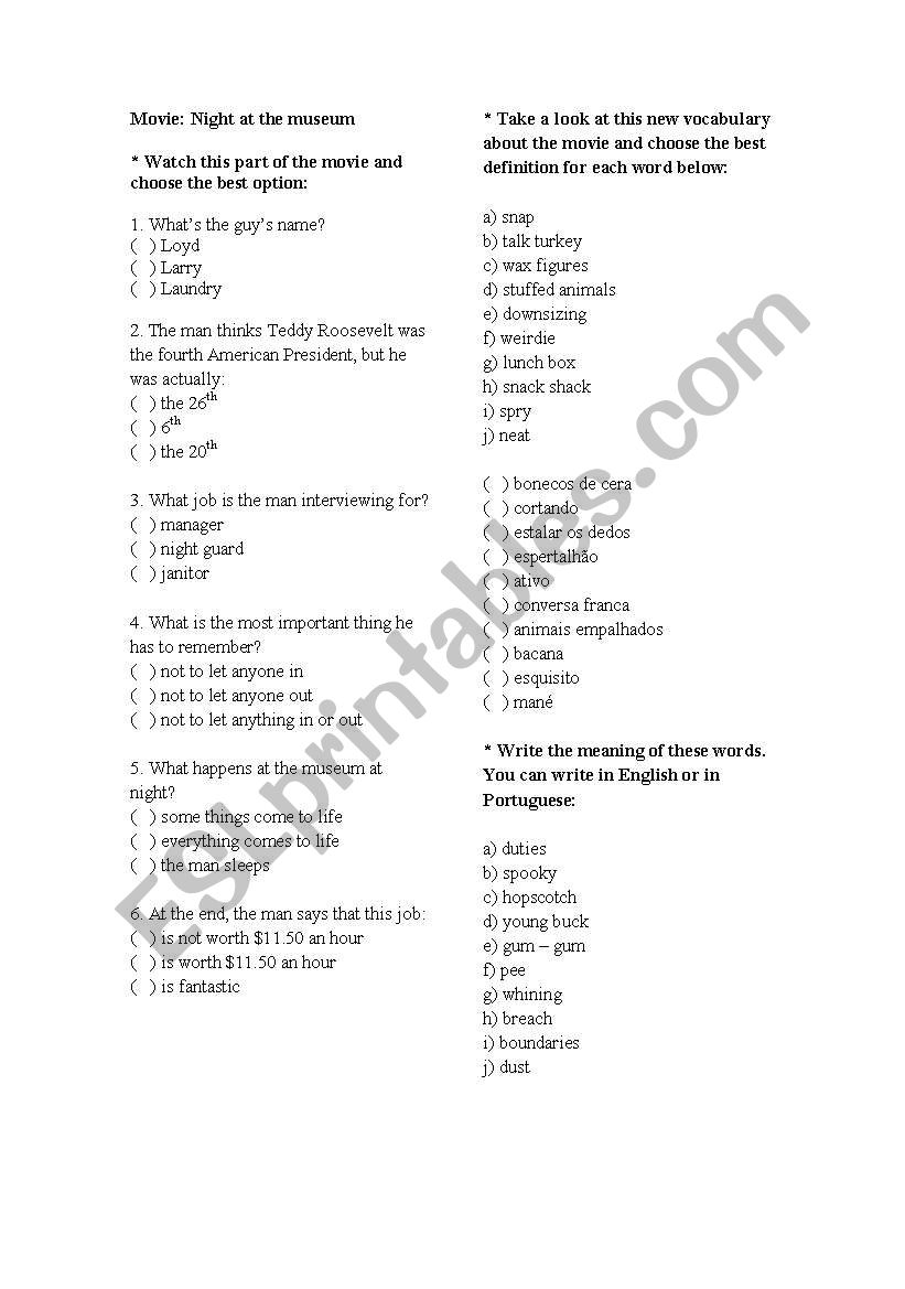 Night at the museum worksheet