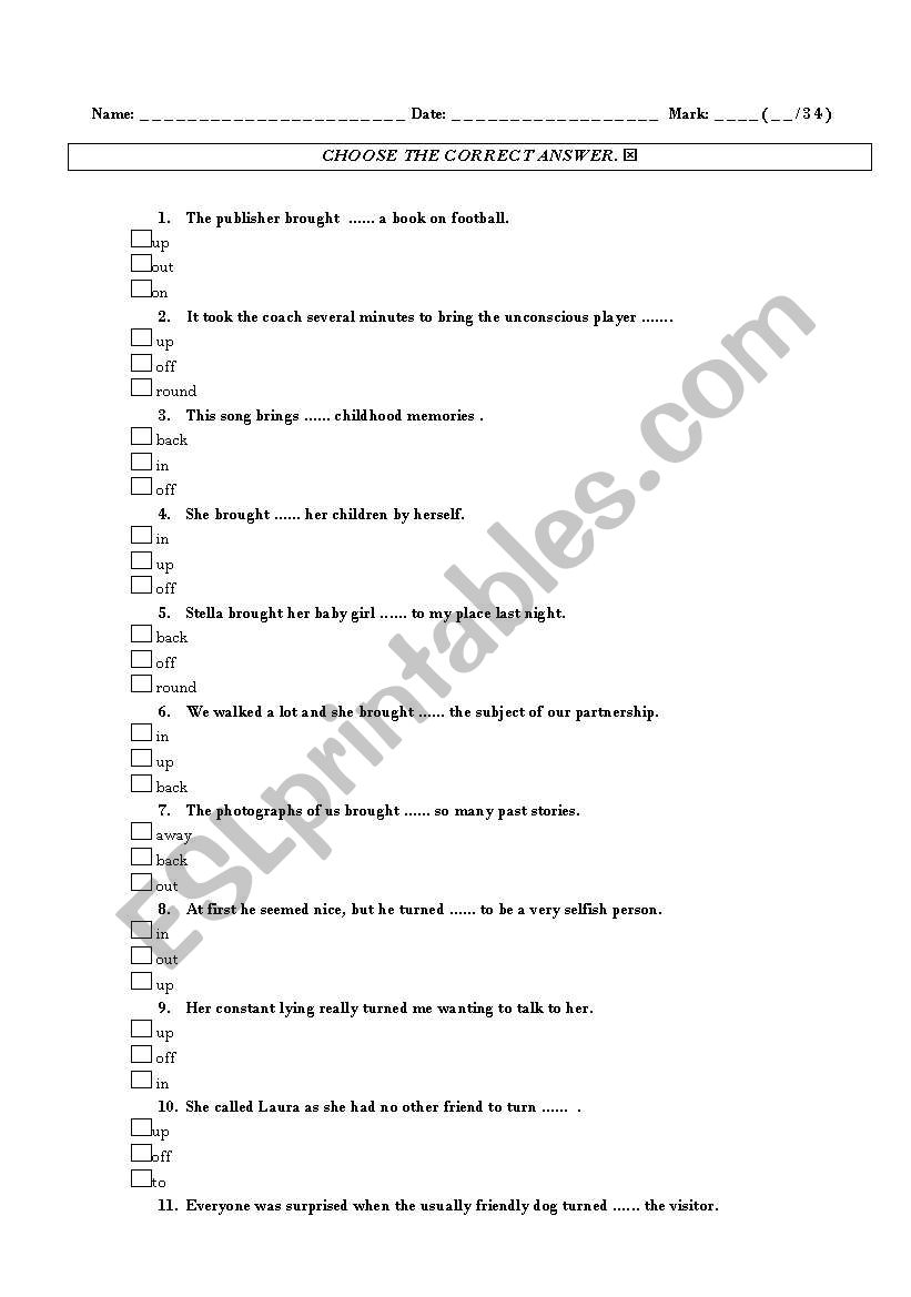 Phrasal verb test worksheet