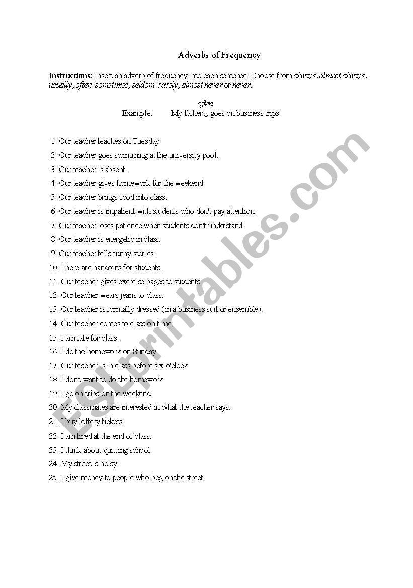 Adverbs of Frequency worksheet