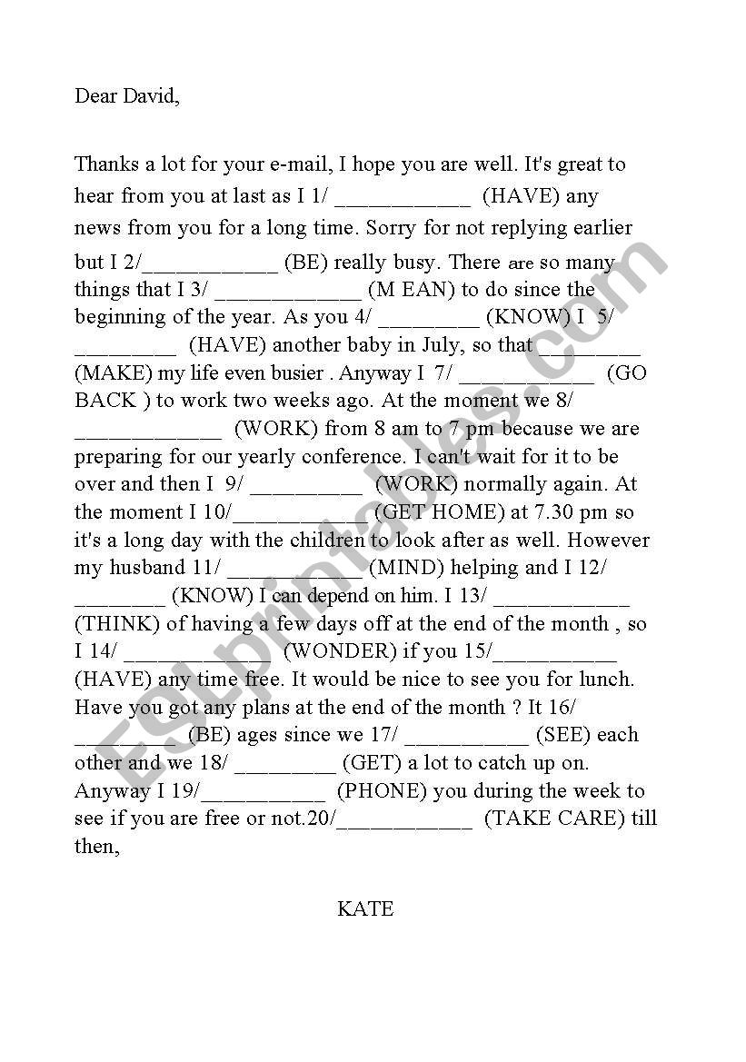 gap fill mixture of tenses correspondence between 2 friends