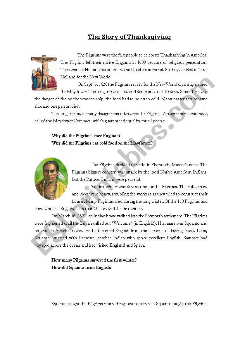 The Story of Thanksgiving worksheet