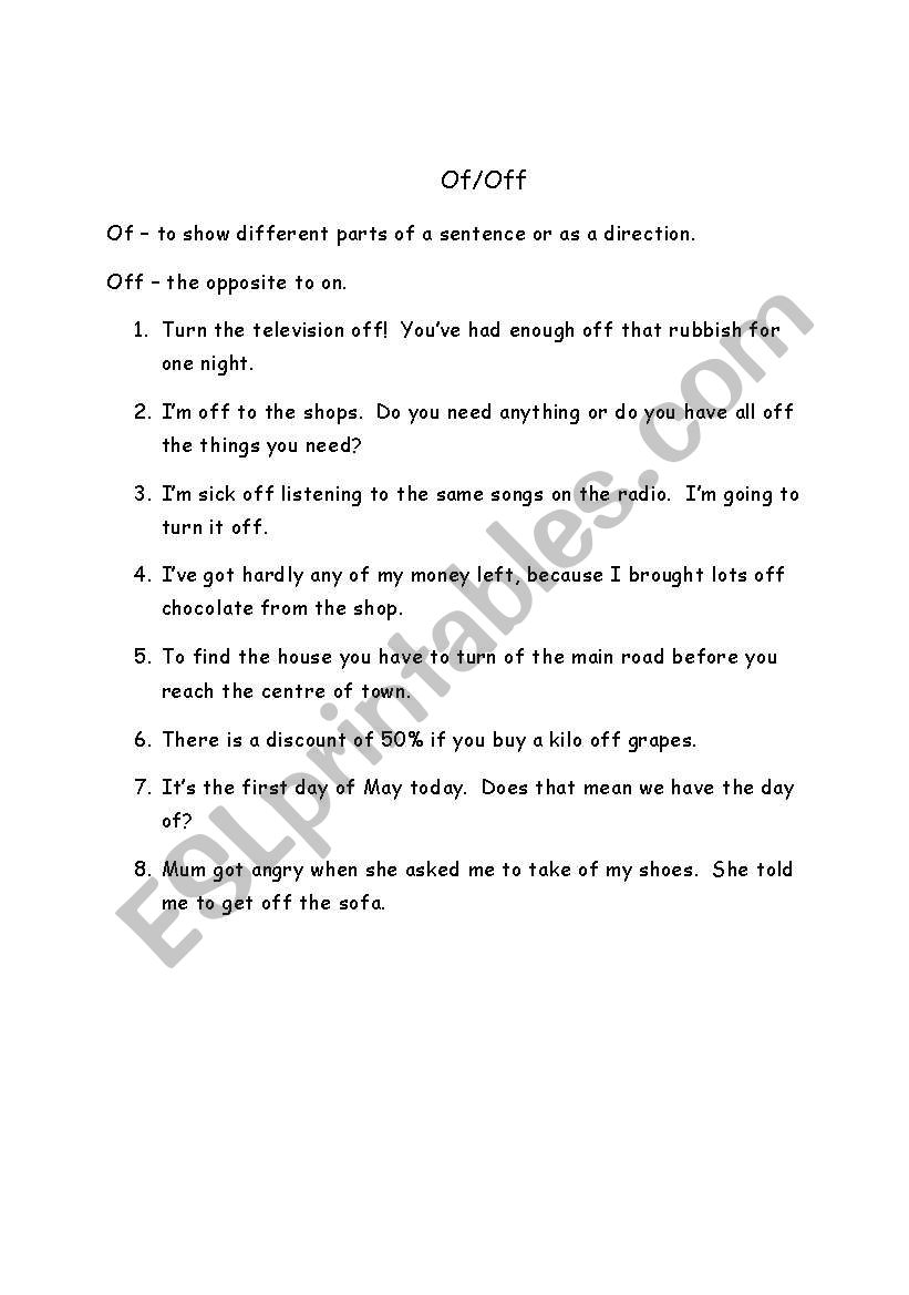 Of and Off worksheet