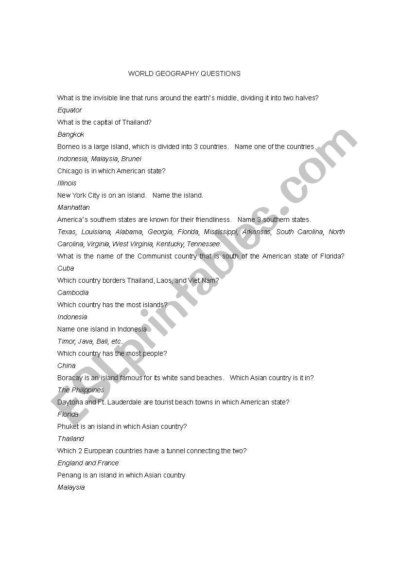 English worksheets Jeopardy"World Geography" Q´s and A´s