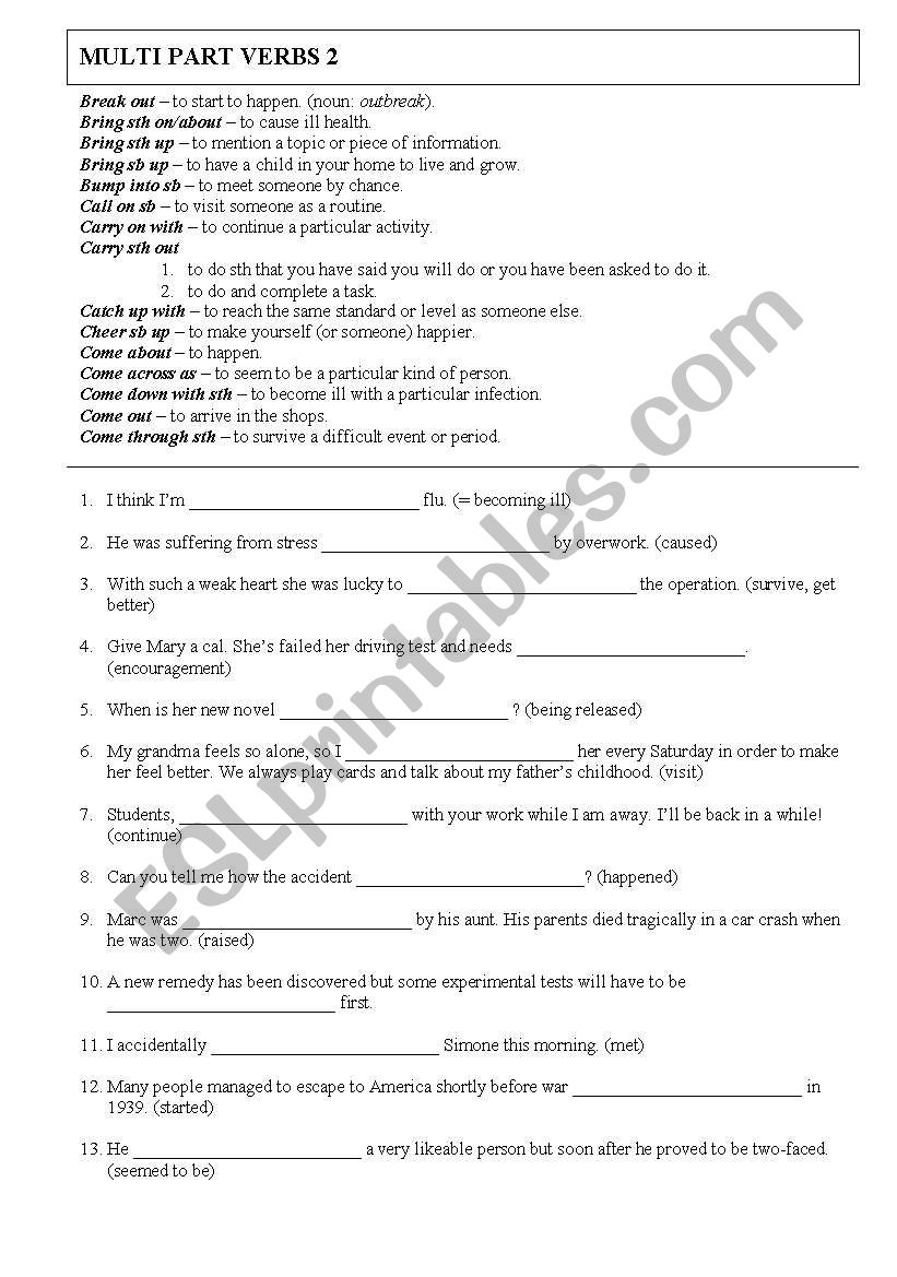 Multi part verbs 2 worksheet