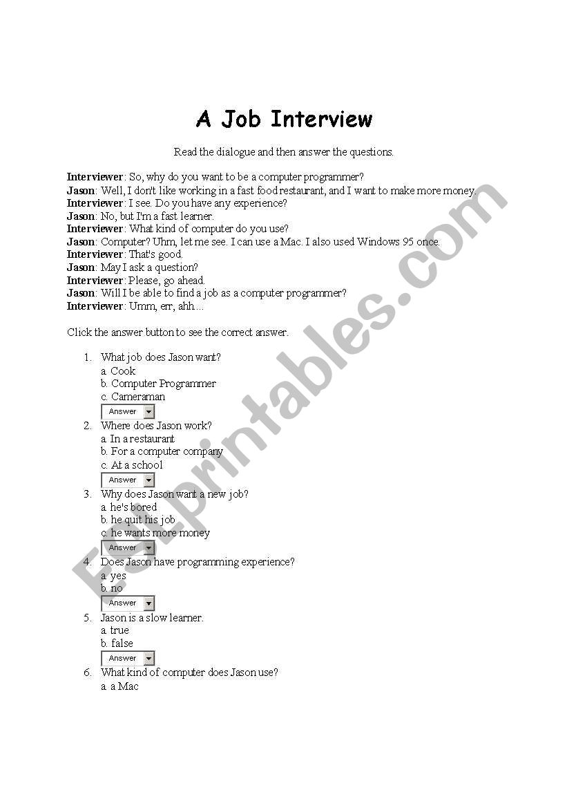 A job interview worksheet