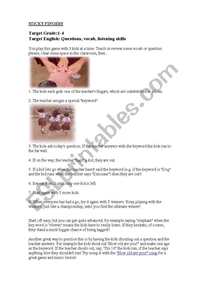 sticky fingers worksheet