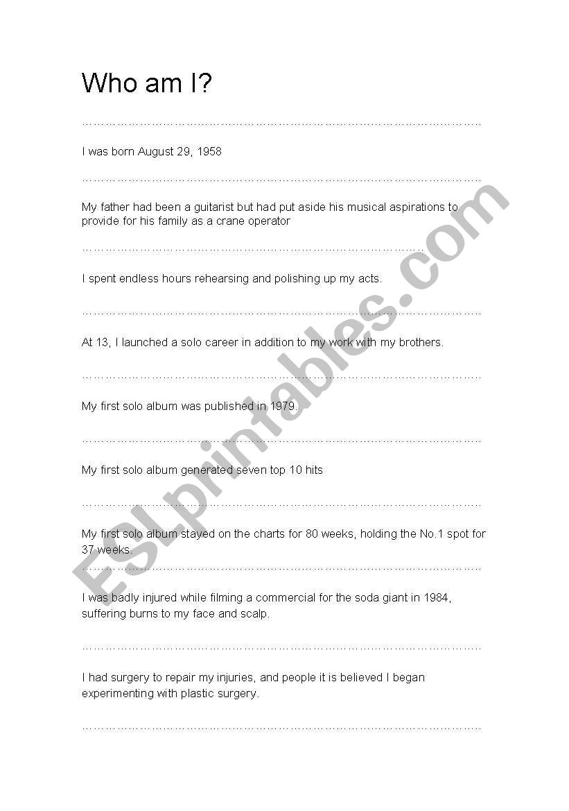 Michael Jackson s profile worksheet