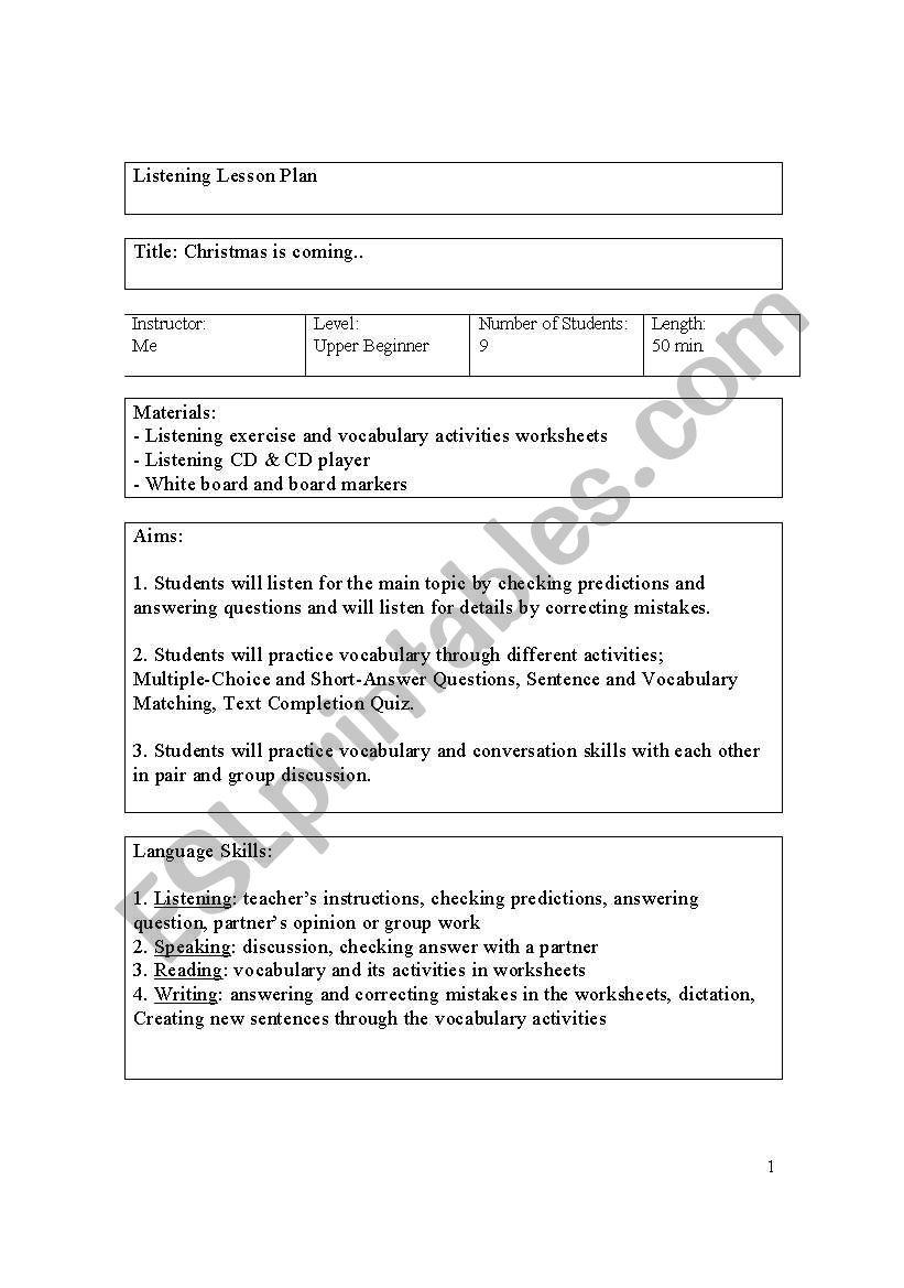 listening lesson plan worksheet