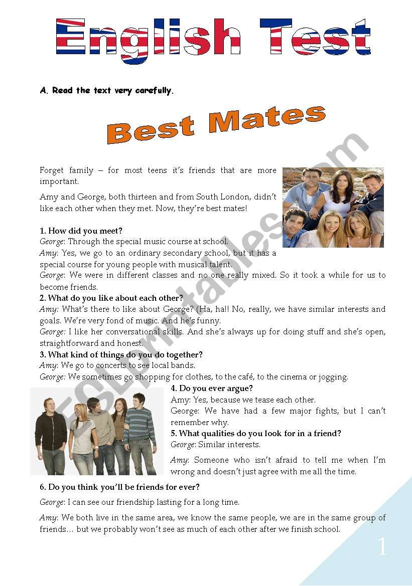 Test about Friendship worksheet