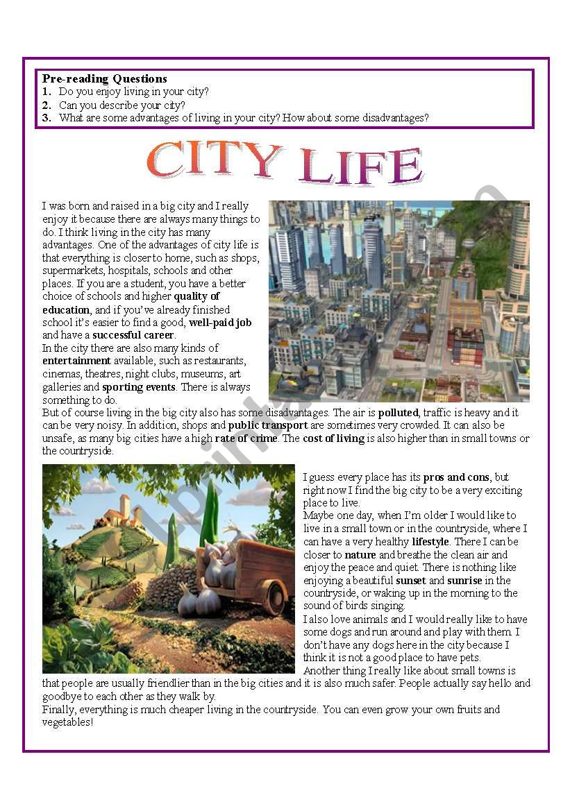 City life text. City Life and Country Life. The City in the Country текст. Village Life and City Life Worksheet. City Country Worksheets.