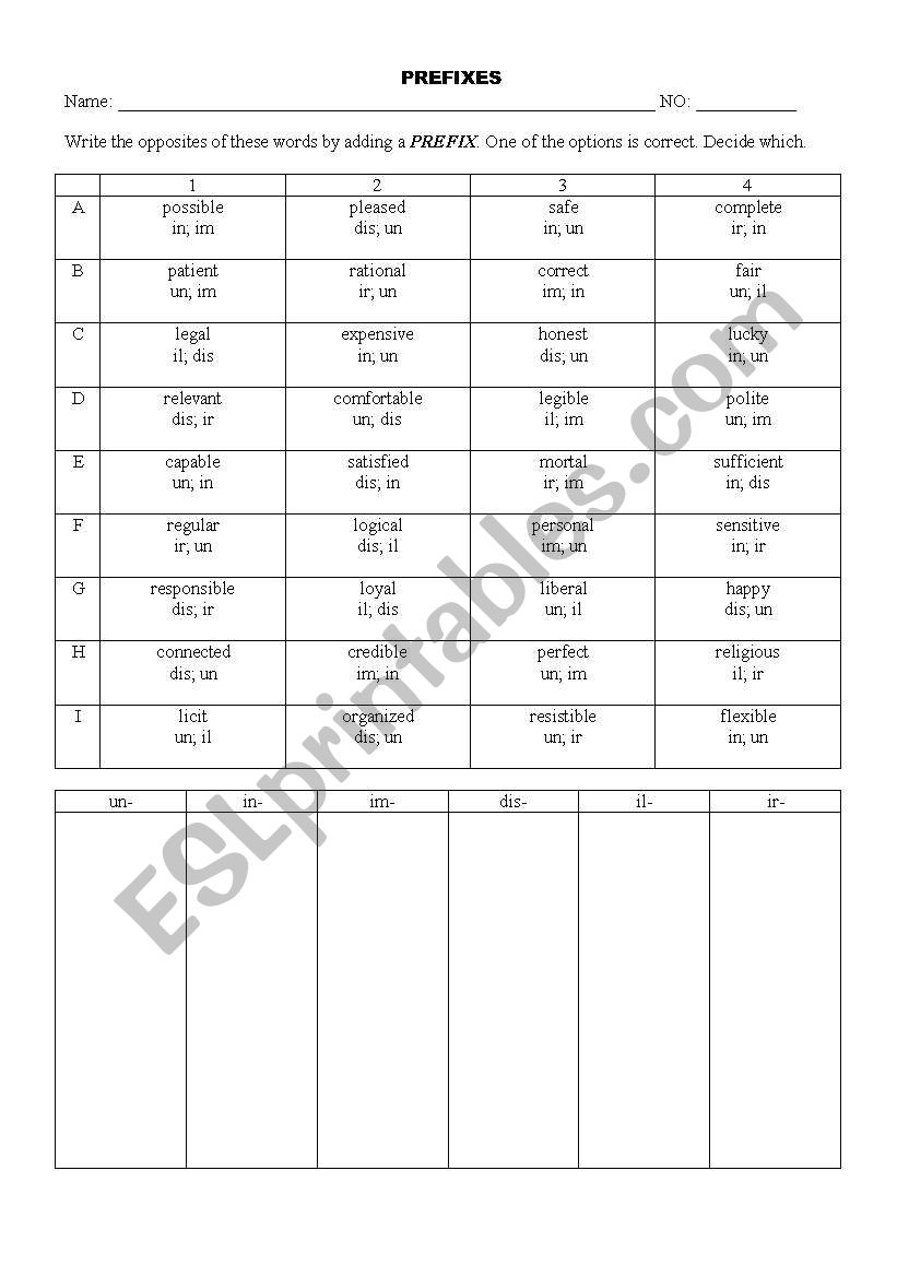 Prefixes worksheet