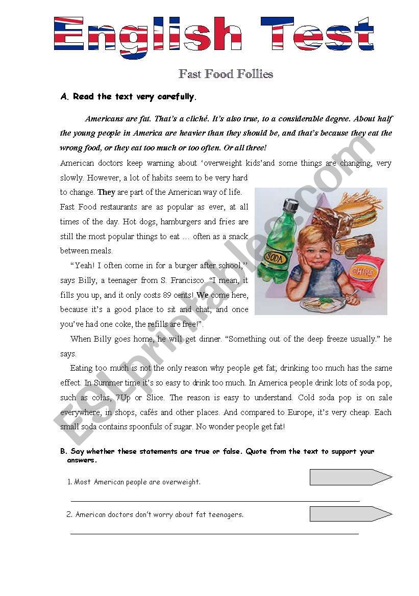 A Test about unhealthy habits worksheet