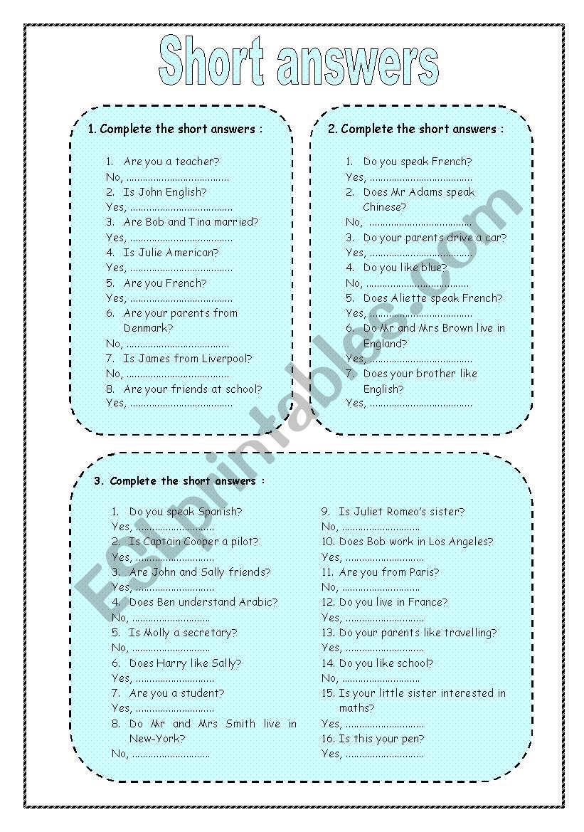 short answers (be and do) worksheet