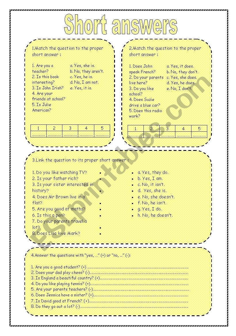 short answers (be and do) worksheet