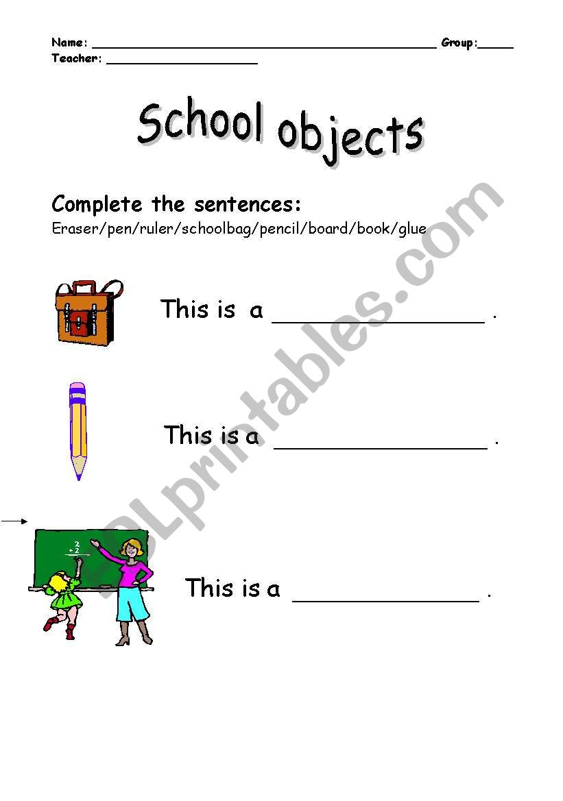 school objects worksheet