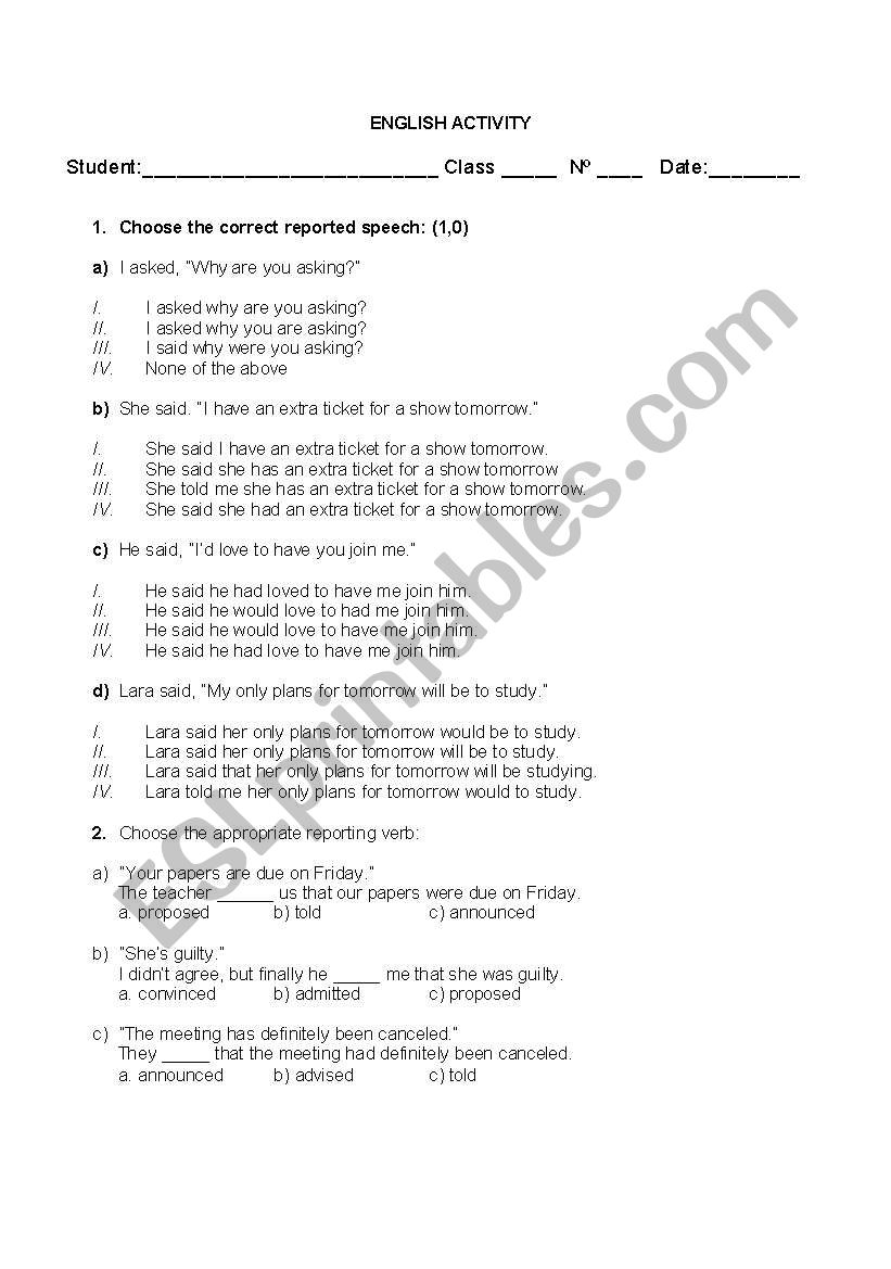 Reported Speech test worksheet