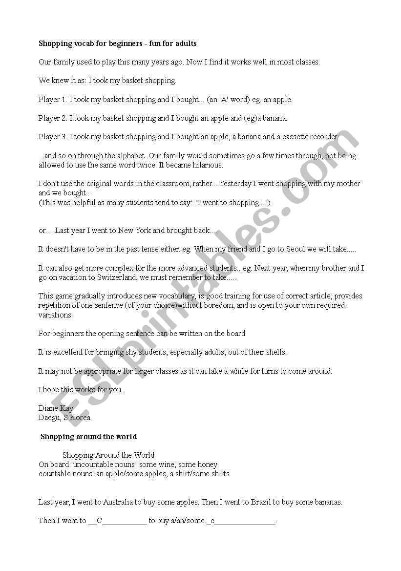 Shopping games worksheet