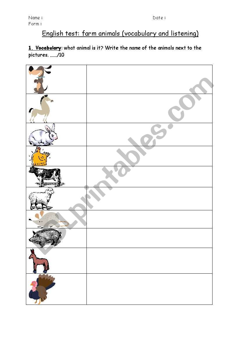 Farm animals vocabulary test worksheet