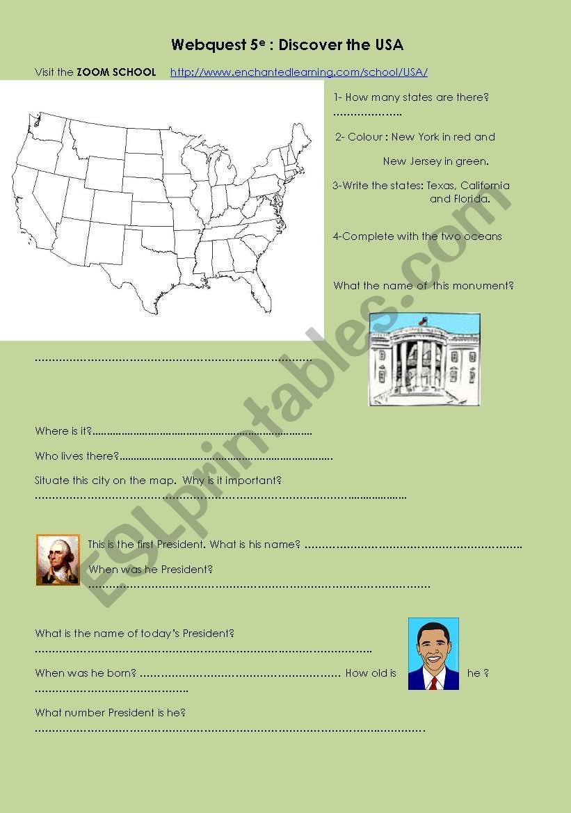 Discover the USA (a webquest) worksheet
