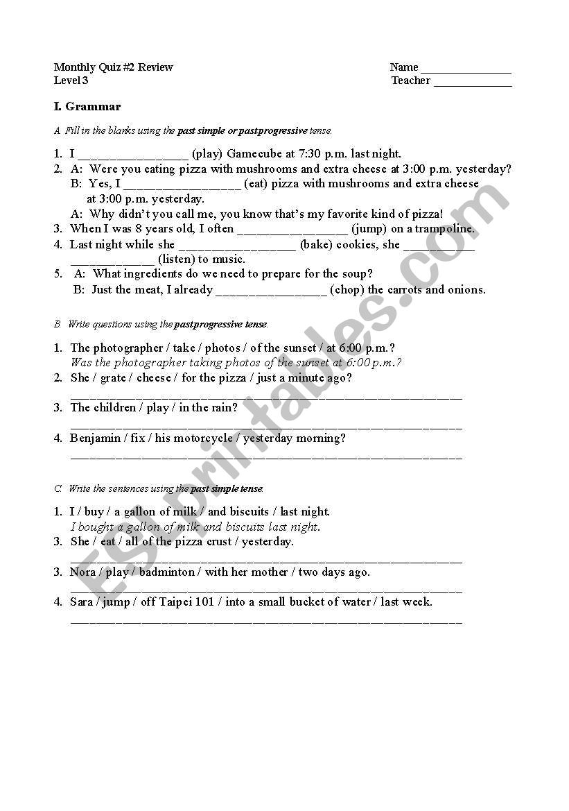 Grammer Tense Quiz worksheet