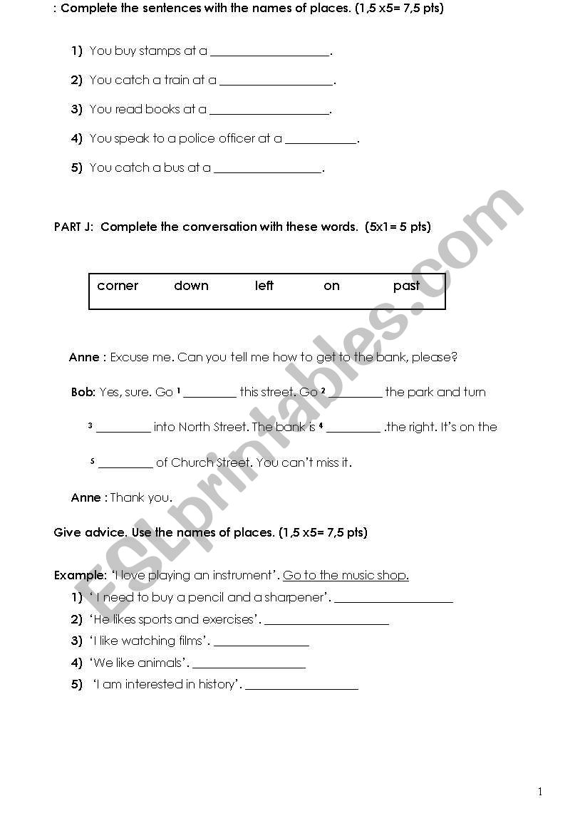 places worksheet