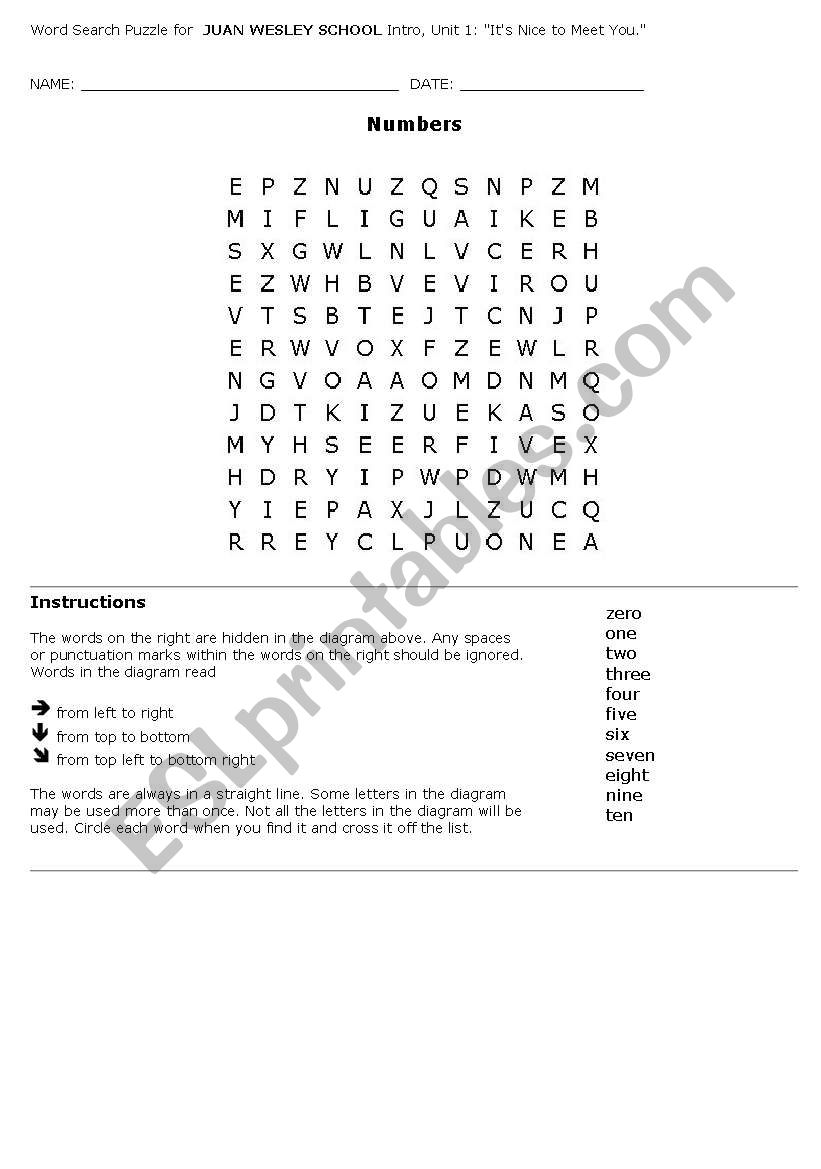 NUMBERS worksheet