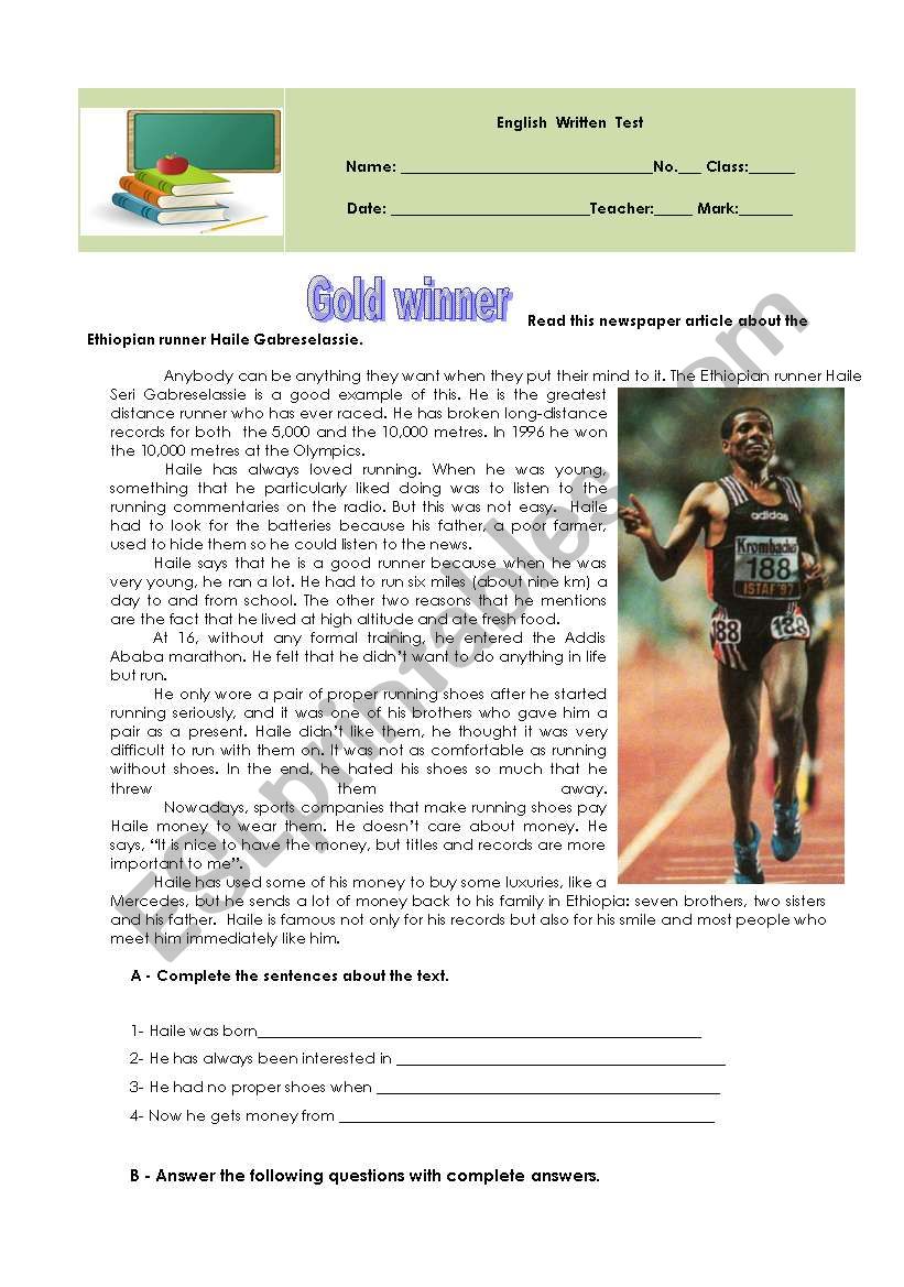 Gold winner- 9th form test worksheet