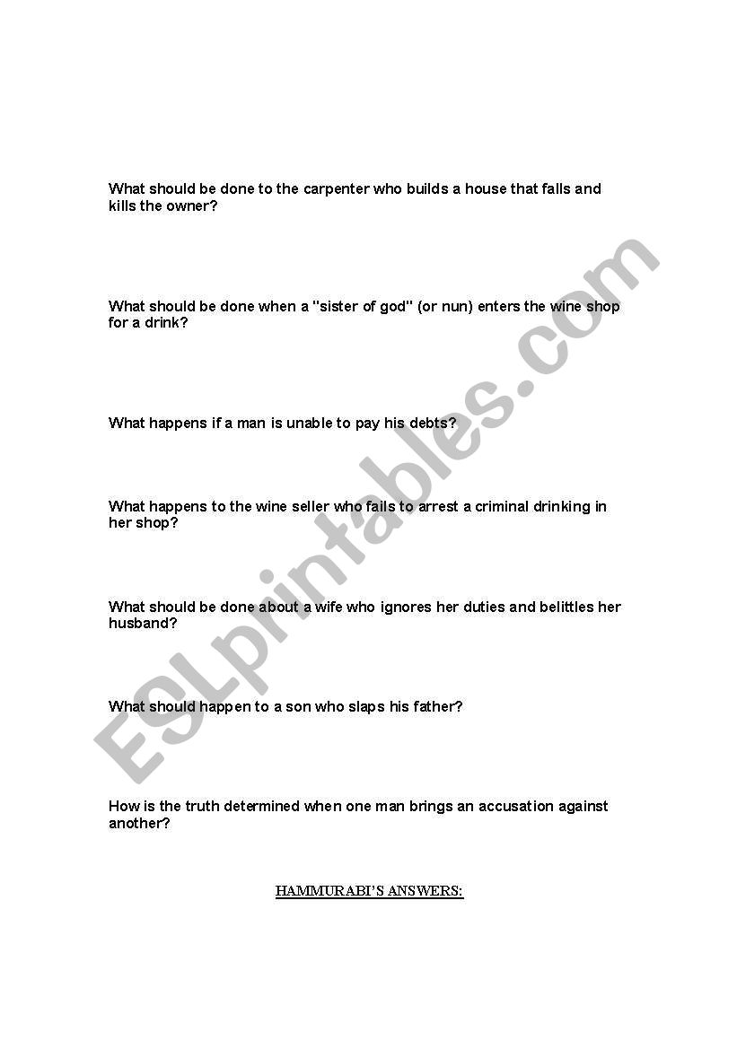 Hammurabis Code worksheet