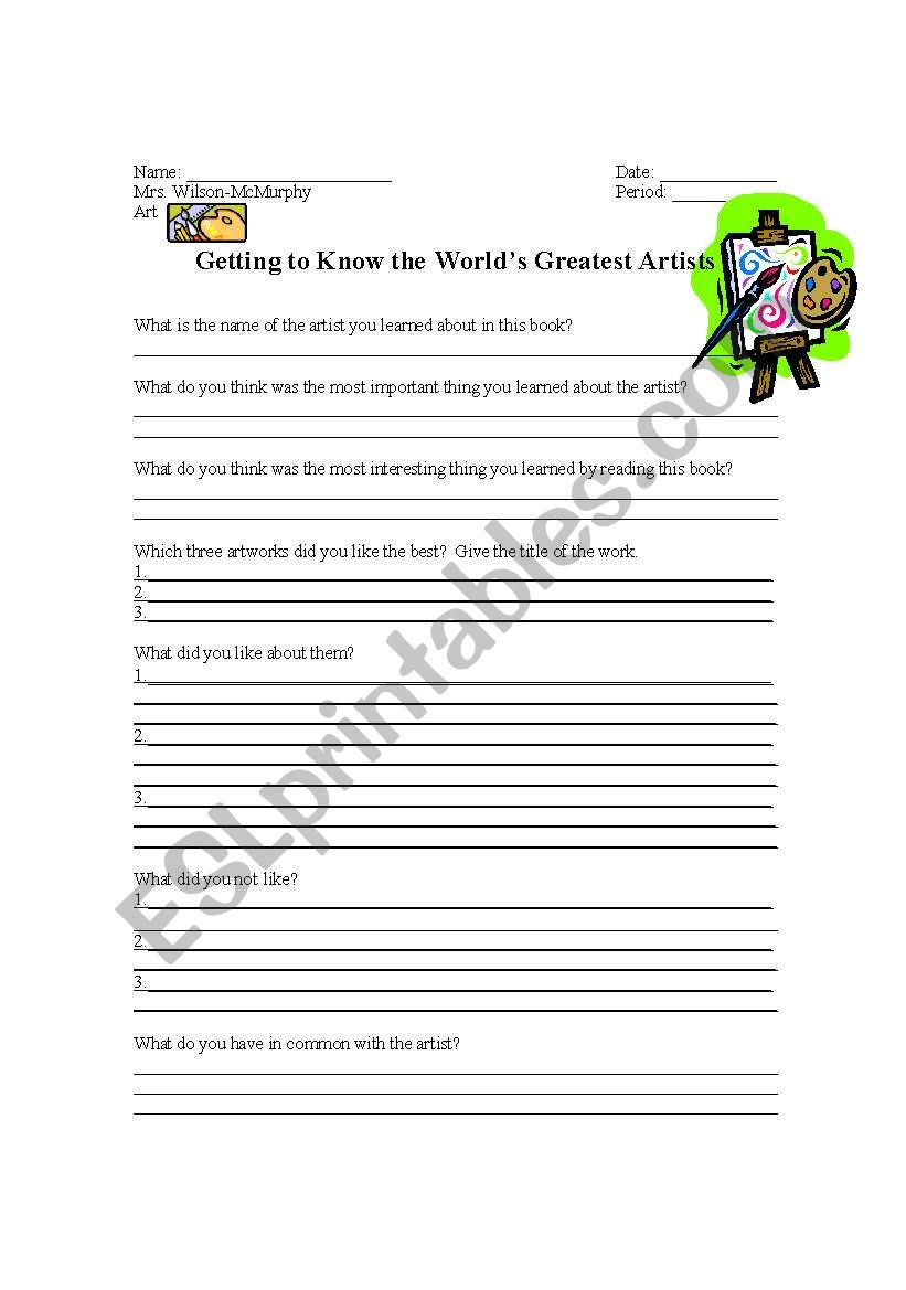 Getting to Know the Worlds Greatest Artists Worksheet