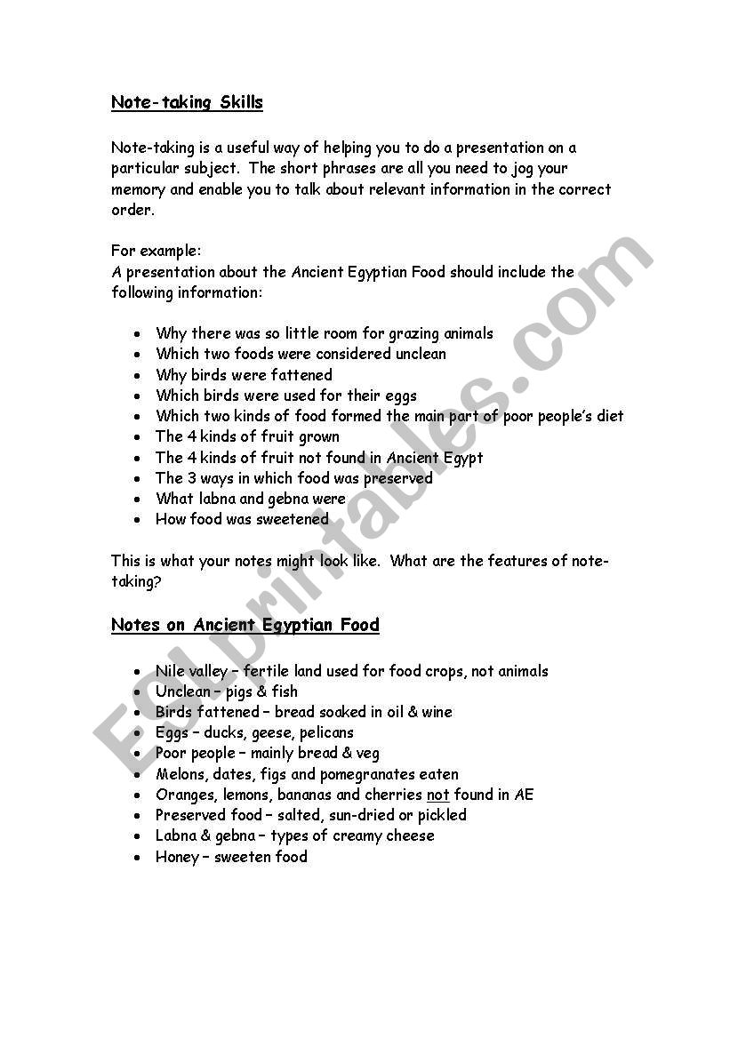 Note-taking skills worksheet
