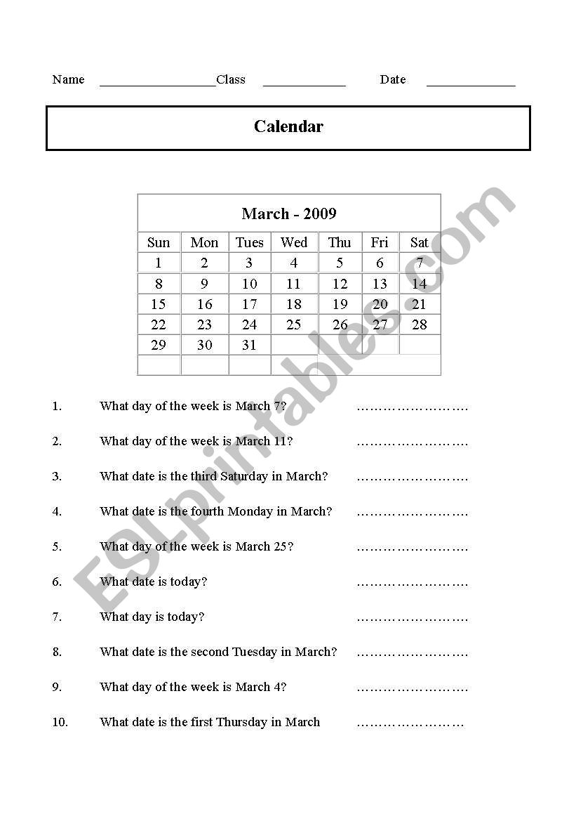 Day of the week worksheet