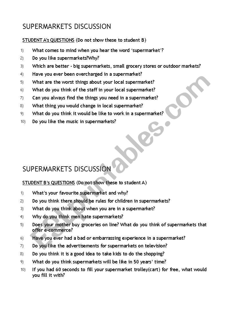 Supermarket questions worksheet