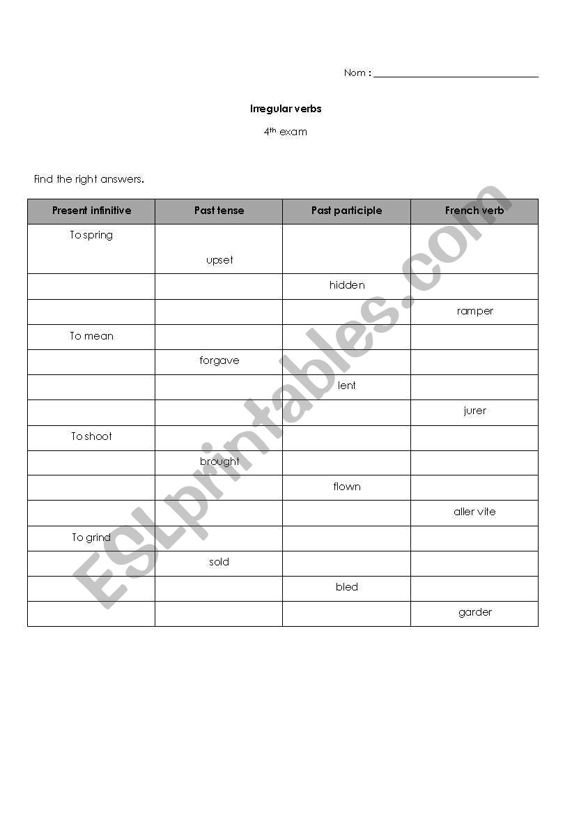 irregular verbs 4th exam worksheet