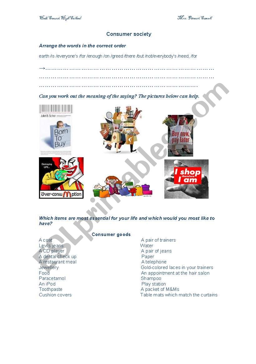 consumer society worksheet