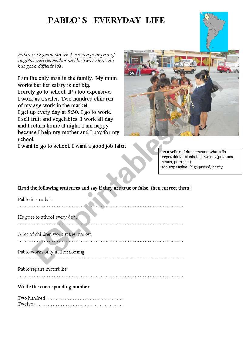 Pablos every day life worksheet