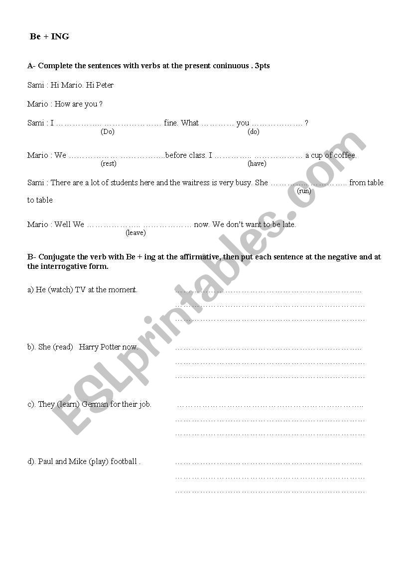grammar be + ing worksheet