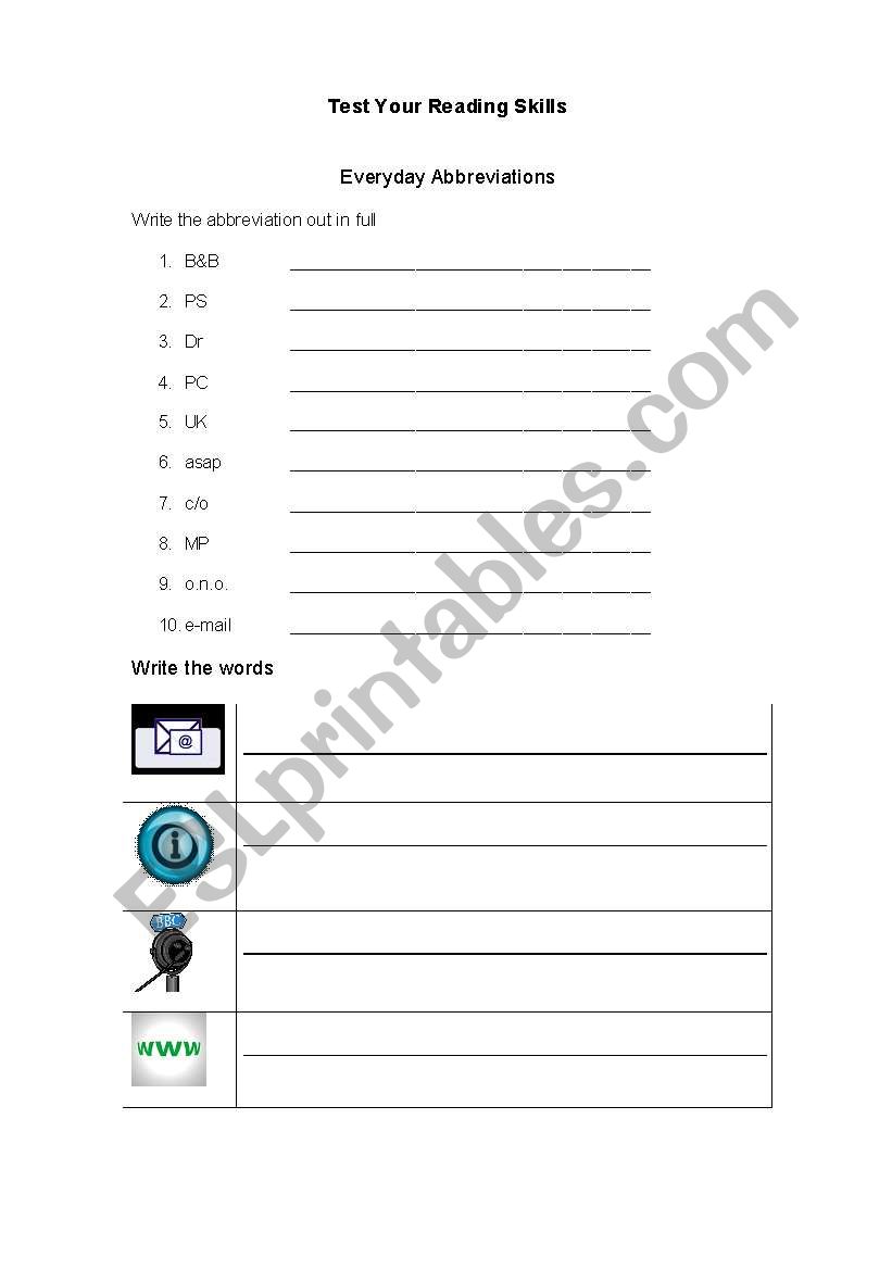 Everyday Abbreviations worksheet