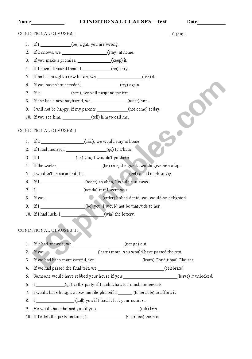 conditonals, test worksheet