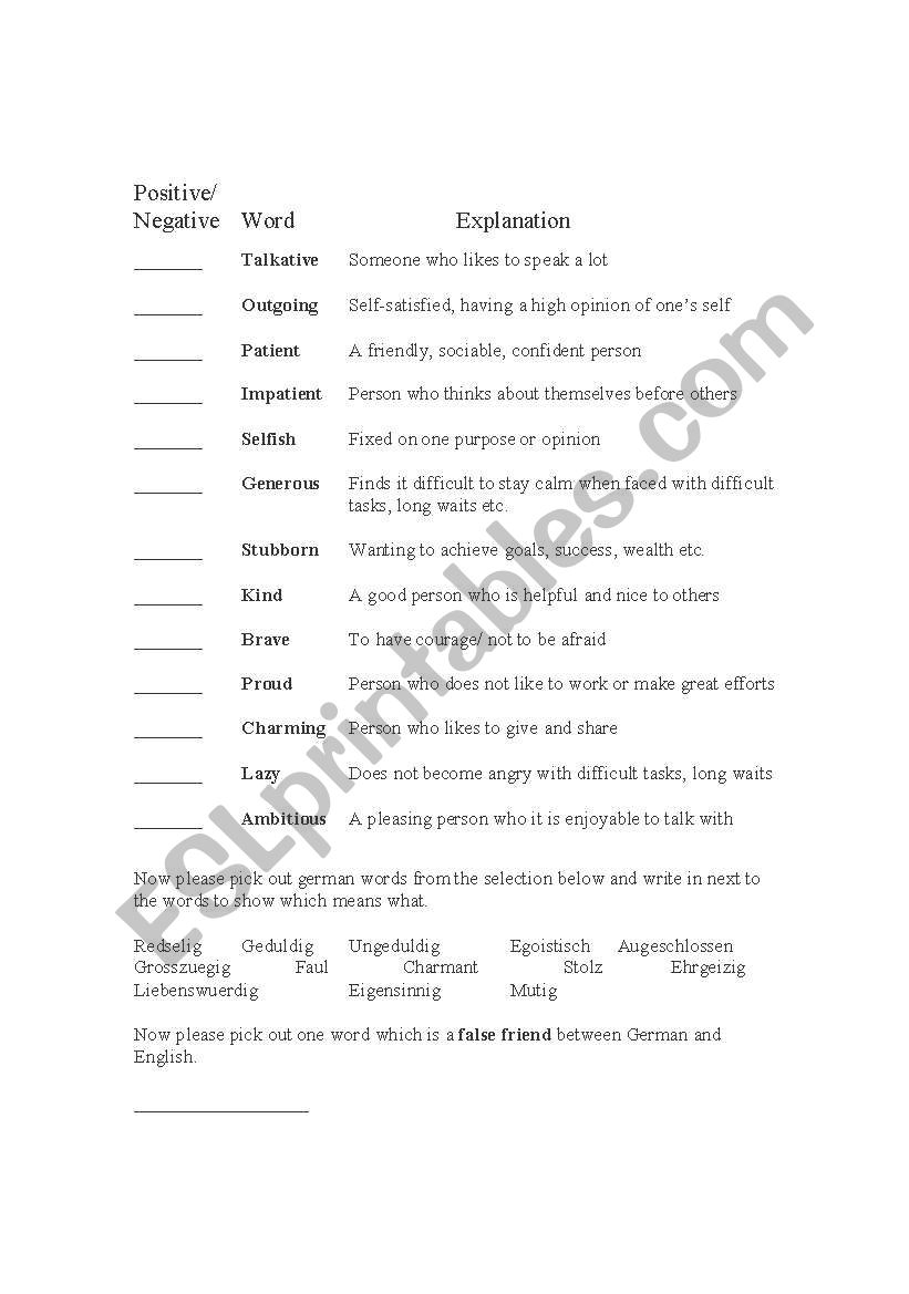 Personality traits worksheet